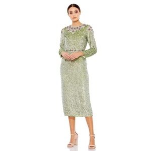 Mac Duggal 93568 Sage Green FLORAL BEADED TEA-LENGTH DRESS sz 4